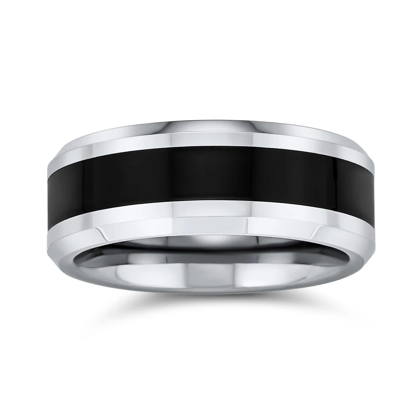 Mens Simple Two Tone Titanium Wedding Band: Black Center Silver Beveled Edge Men'S Ring