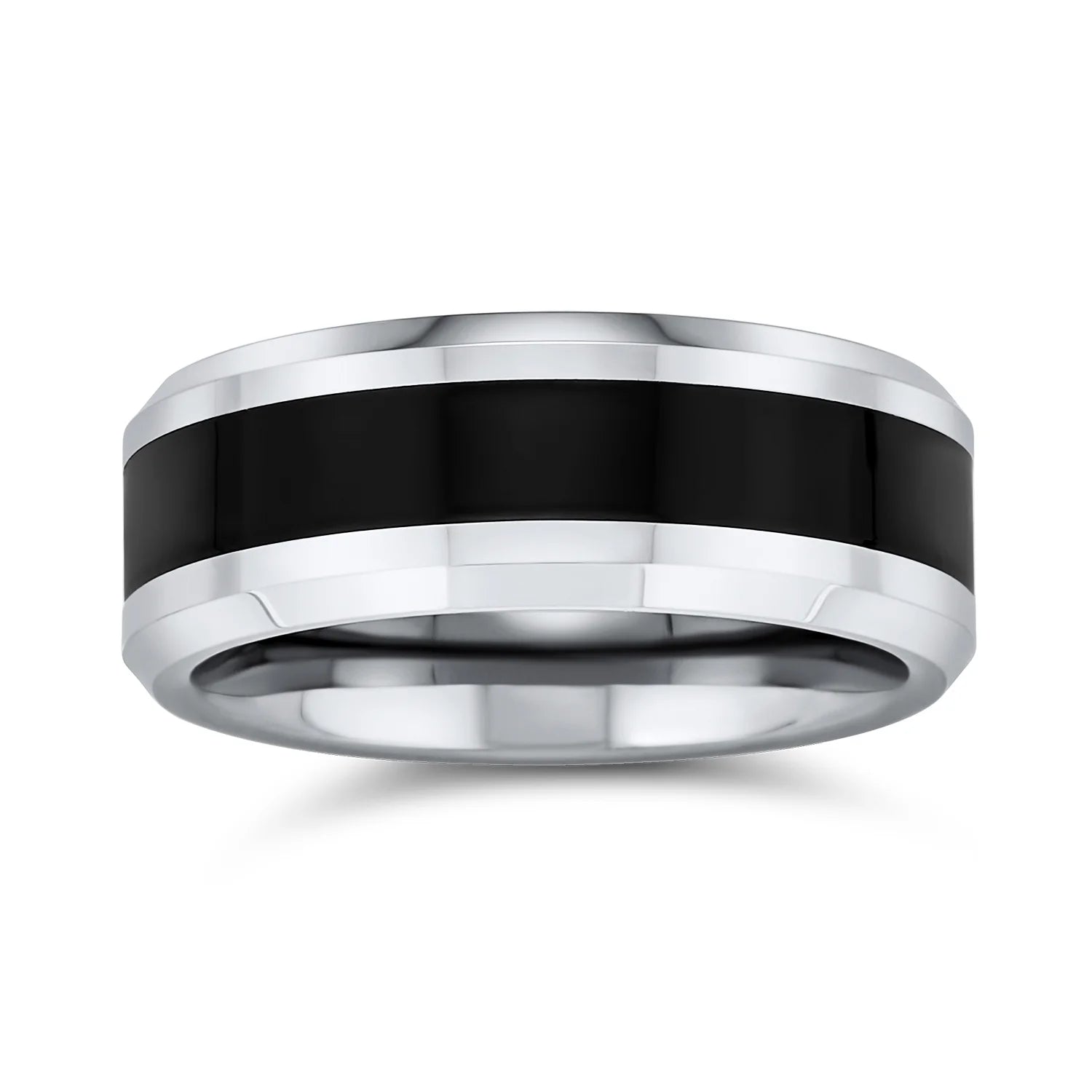 Mens Simple Two Tone Titanium Wedding Band: Black Center Silver Beveled Edge Men'S Ring