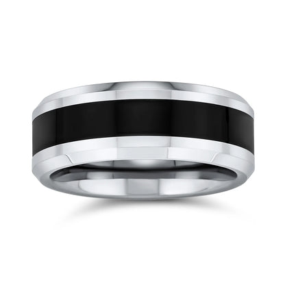 Mens Simple Two Tone Titanium Wedding Band: Black Center Silver Beveled Edge Men'S Ring
