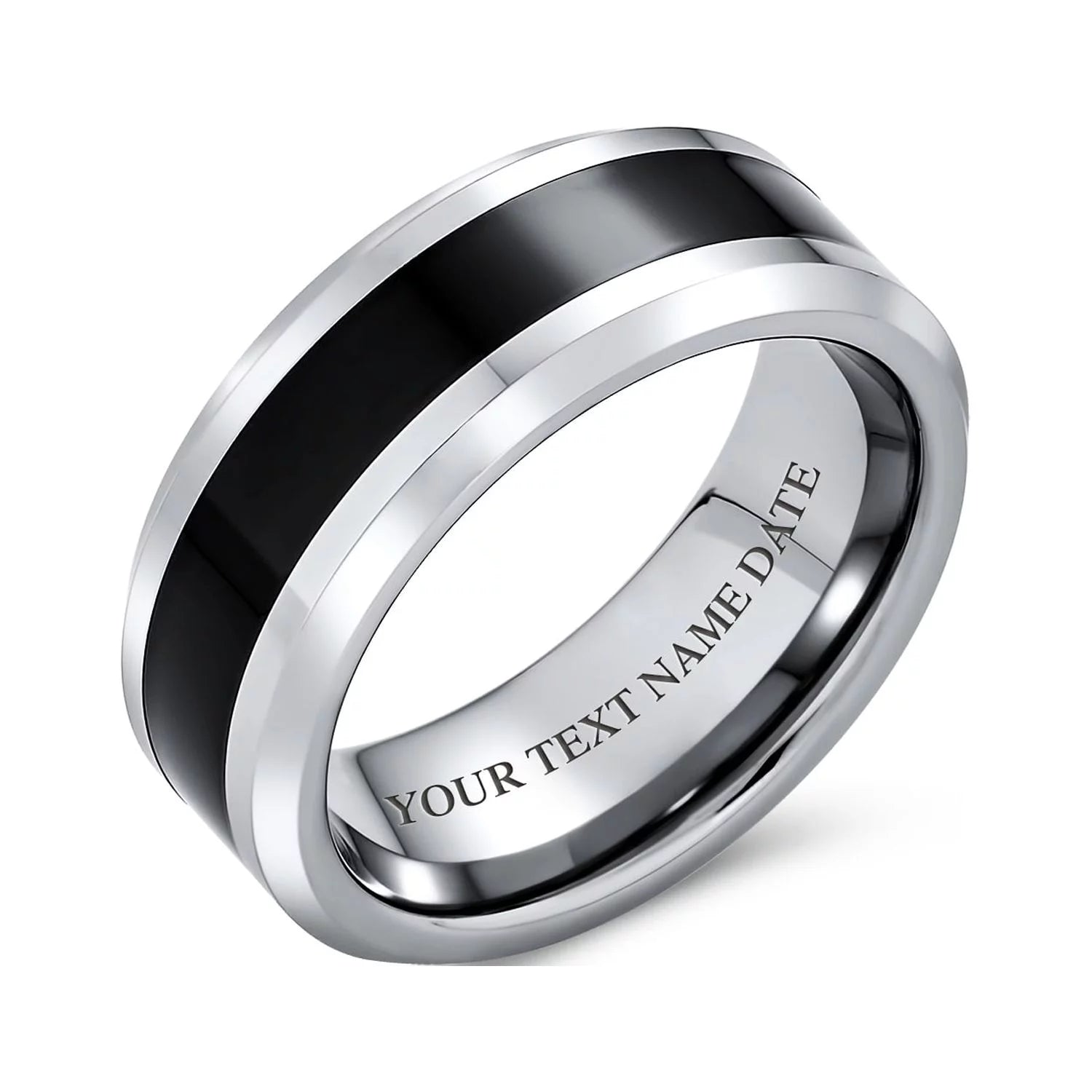 Mens Simple Two Tone Titanium Wedding Band: Black Center Silver Beveled Edge Men'S Ring
