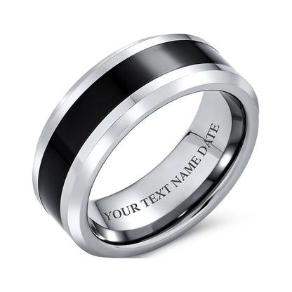 Mens Simple Two Tone Titanium Wedding Band: Black Center Silver Beveled Edge Men'S Ring