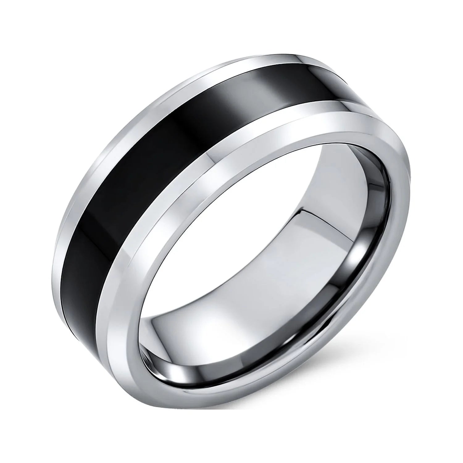 Mens Simple Two Tone Titanium Wedding Band: Black Center Silver Beveled Edge Men'S Ring