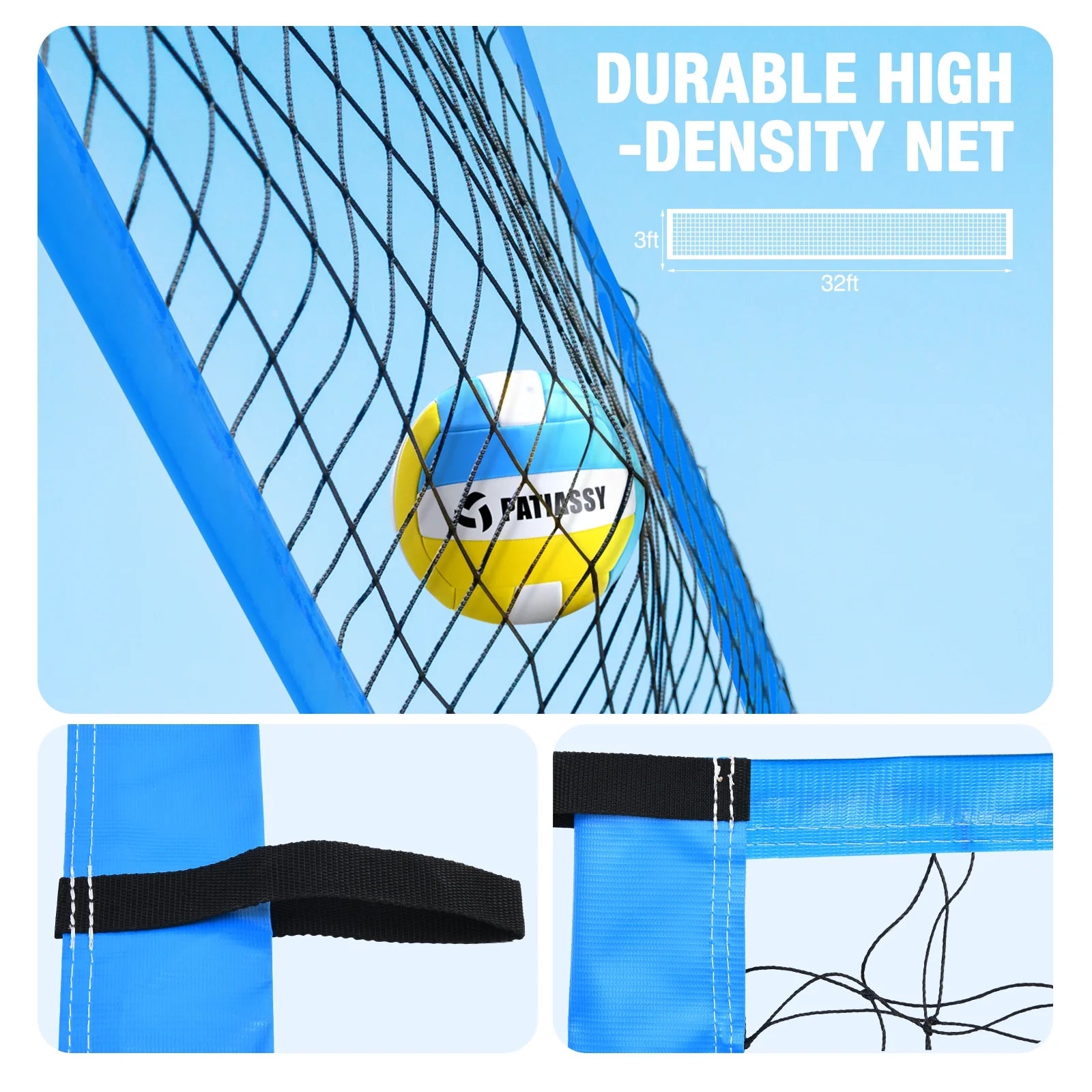 32FT Outdoor Portable Volleyball Net Set System for Backyard - Quick & Easy Setup Adjustable Height Steel Poles, PU Volleyball, Pump and Carrying Bag