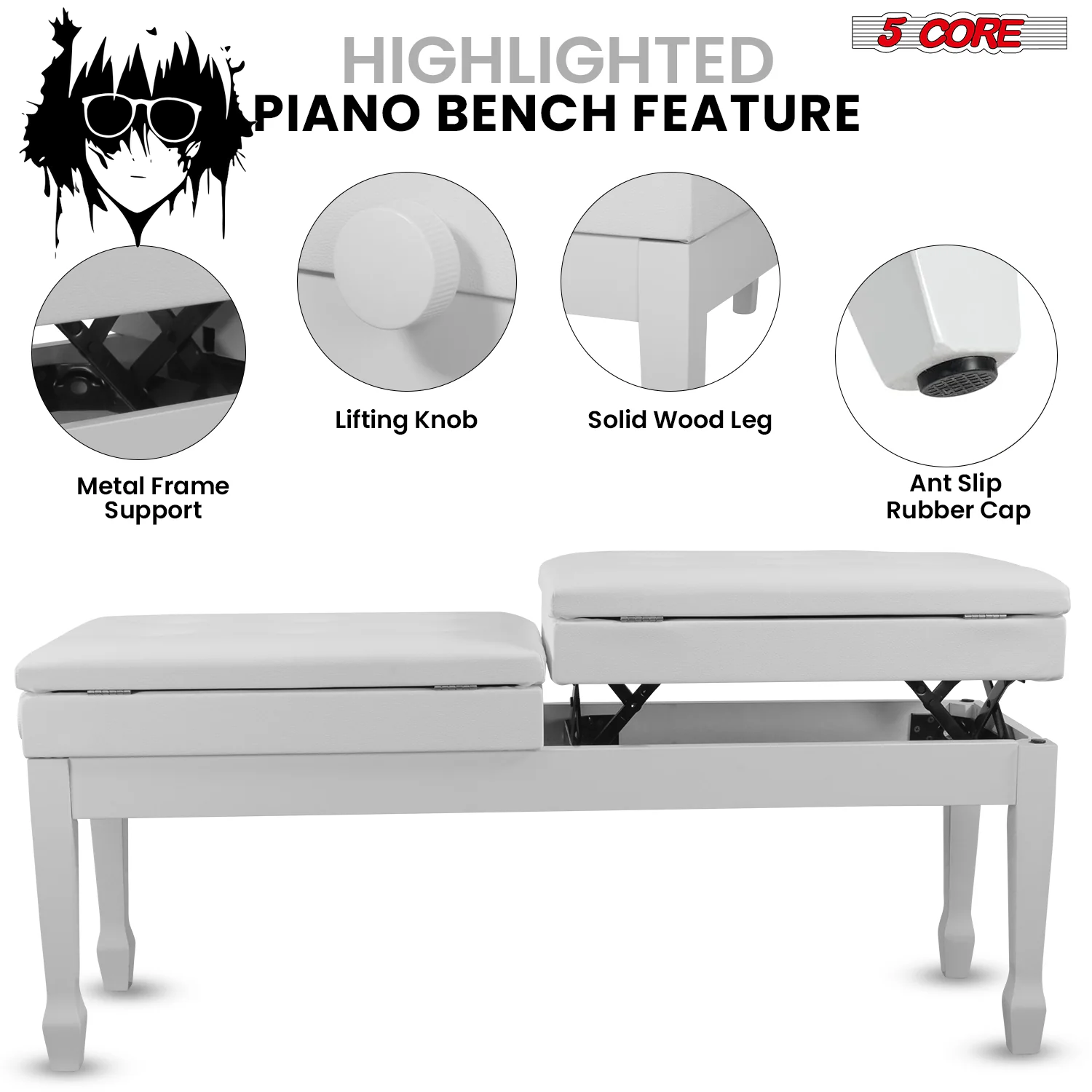5CORE Duet Piano Bench W Storage for Two Wooden Adjustable Keyboard Stool - Adults & Kids