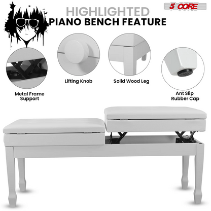 5CORE Duet Piano Bench W Storage for Two Wooden Adjustable Keyboard Stool - Adults & Kids