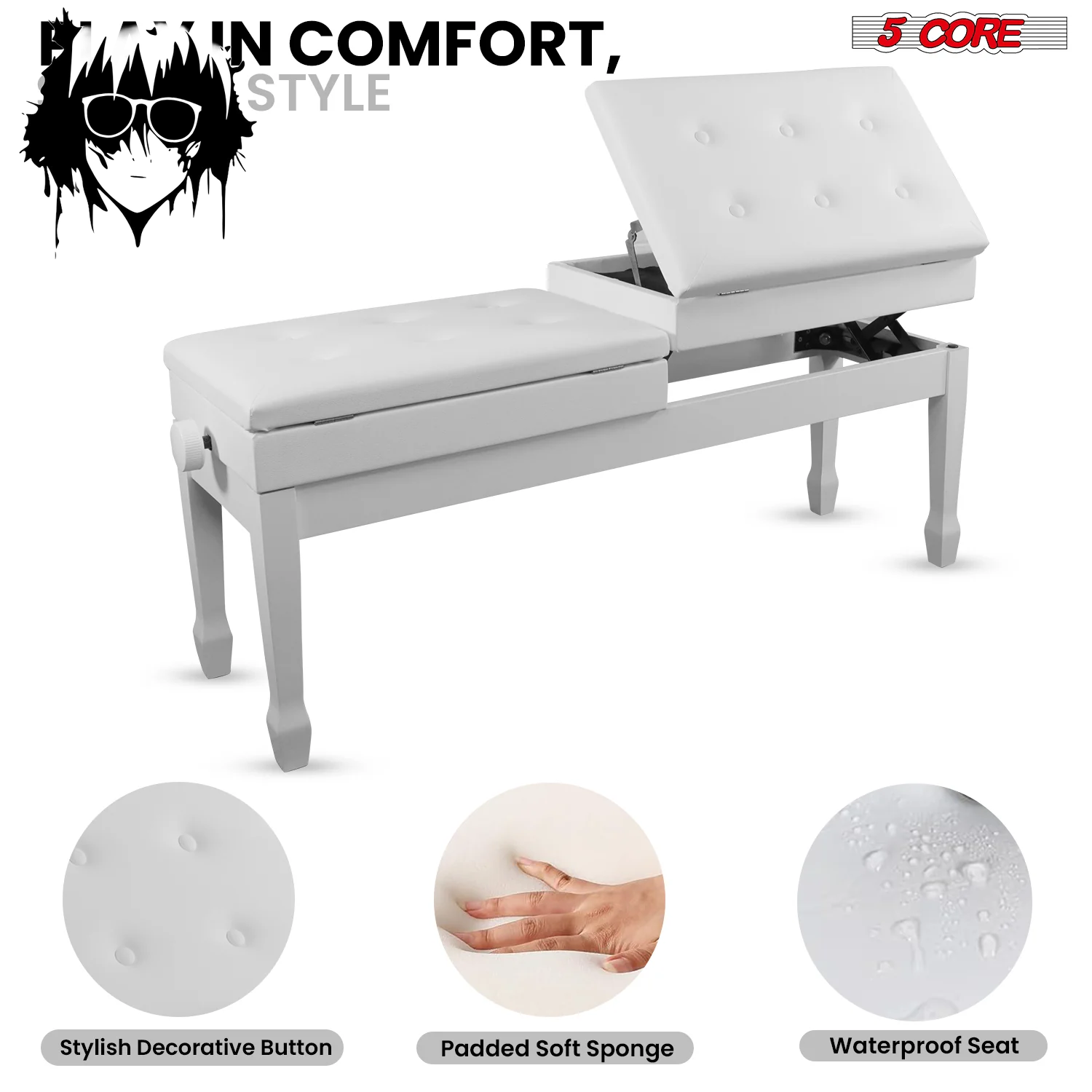 5CORE Duet Piano Bench W Storage for Two Wooden Adjustable Keyboard Stool - Adults & Kids