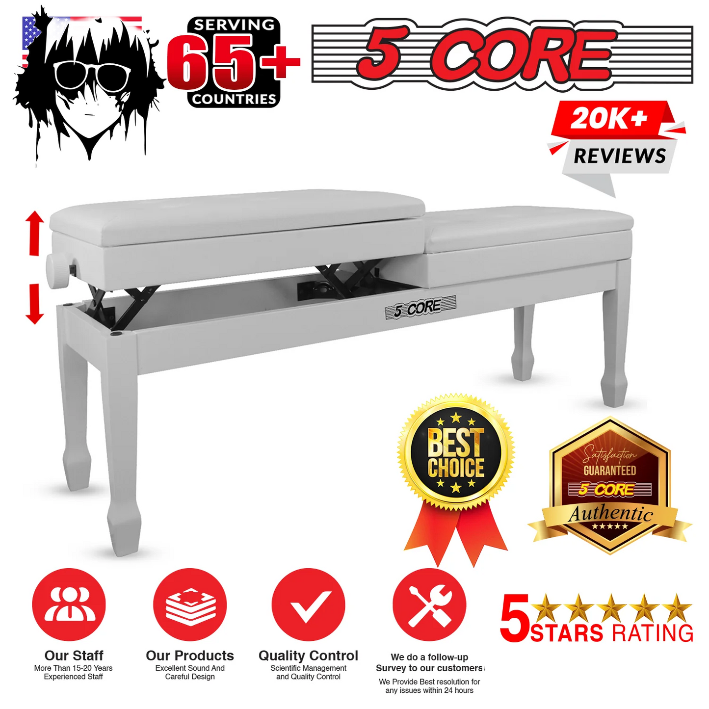 5CORE Duet Piano Bench W Storage for Two Wooden Adjustable Keyboard Stool - Adults & Kids