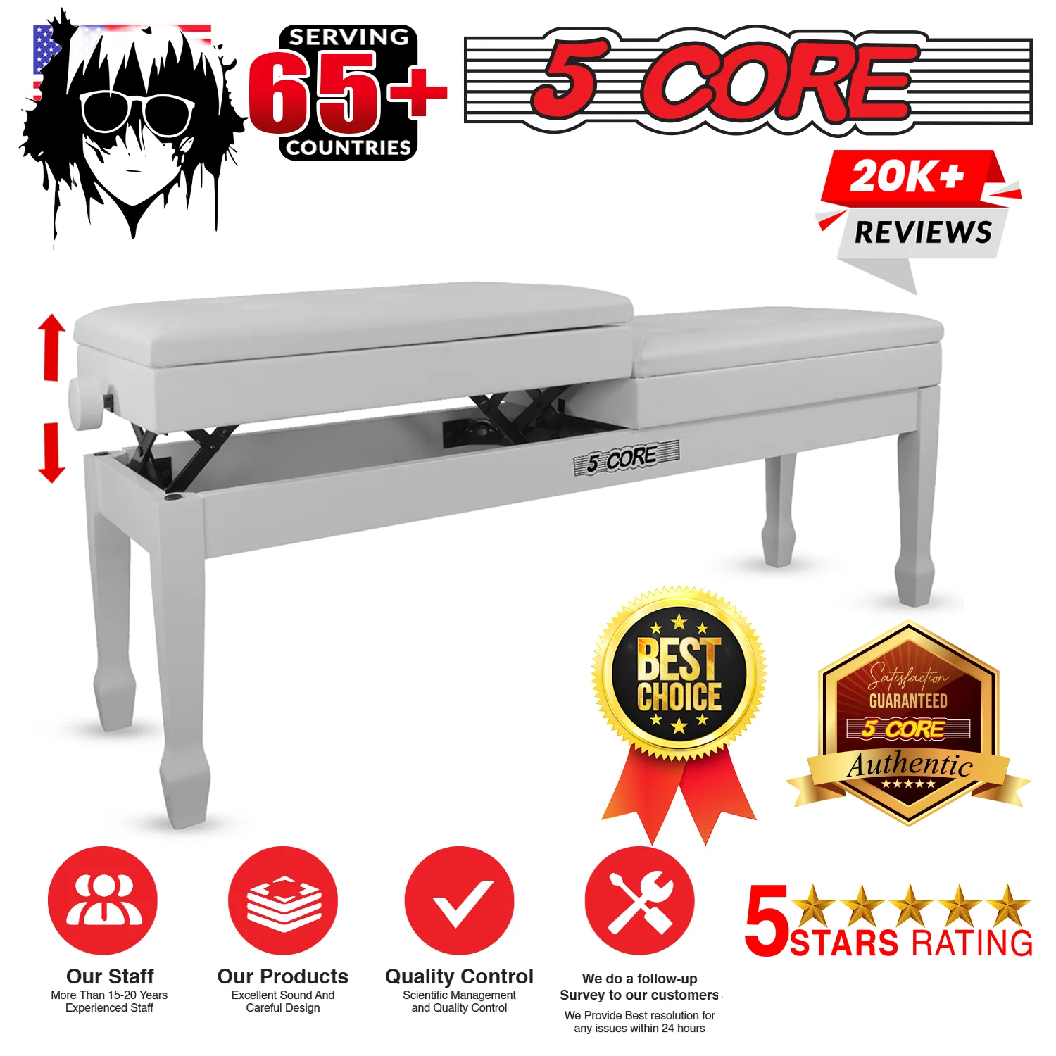 5CORE Duet Piano Bench W Storage for Two Wooden Adjustable Keyboard Stool - Adults & Kids
