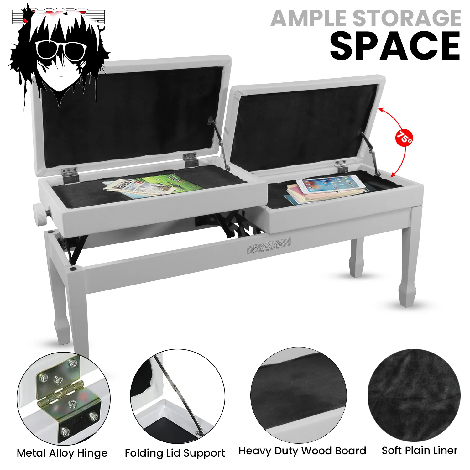 5CORE Duet Piano Bench W Storage for Two Wooden Adjustable Keyboard Stool - Adults & Kids