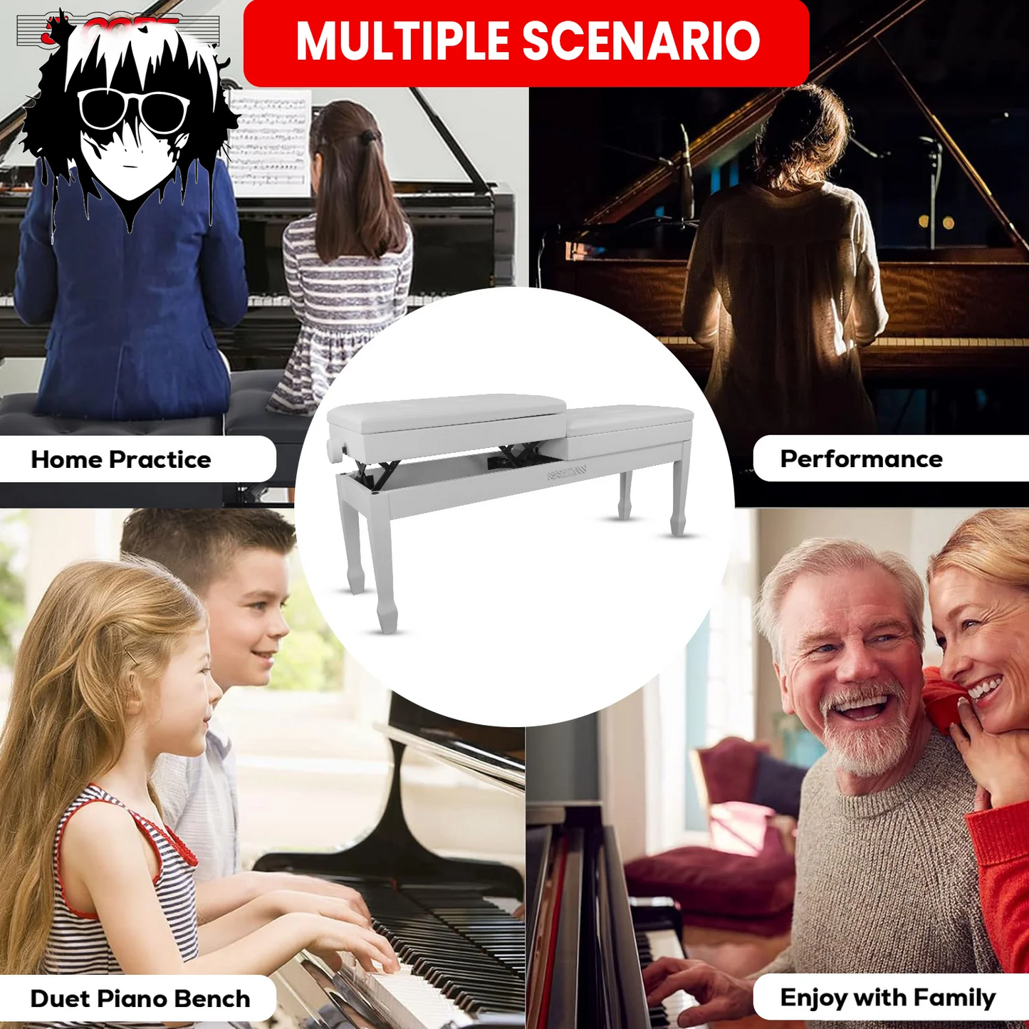 5CORE Duet Piano Bench W Storage for Two Wooden Adjustable Keyboard Stool - Adults & Kids