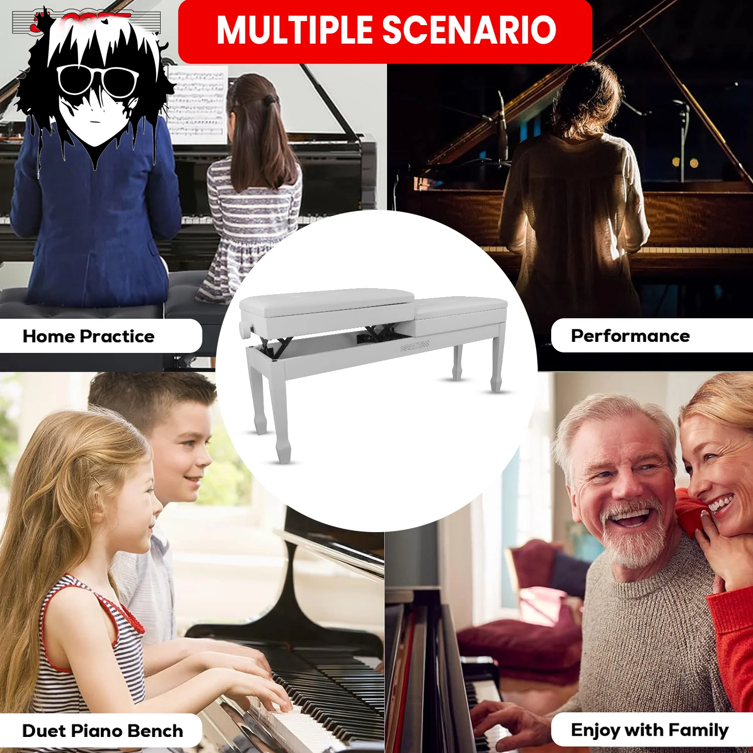 5CORE Duet Piano Bench W Storage for Two Wooden Adjustable Keyboard Stool - Adults & Kids